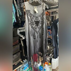 Vocal Gray Fringe Tank Top with Black Beaded Aztec Design